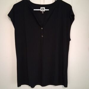 Anne Klein Black Short-Sleeve V-Neck Top with Button Detail